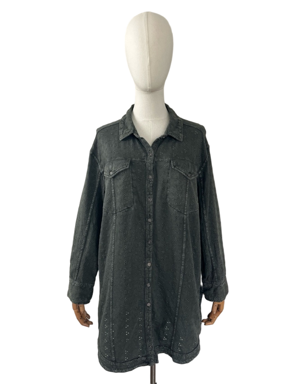 Free People Army Green Eyelet Tunic Top Button Up Boho Size L - Picture 2 of 14